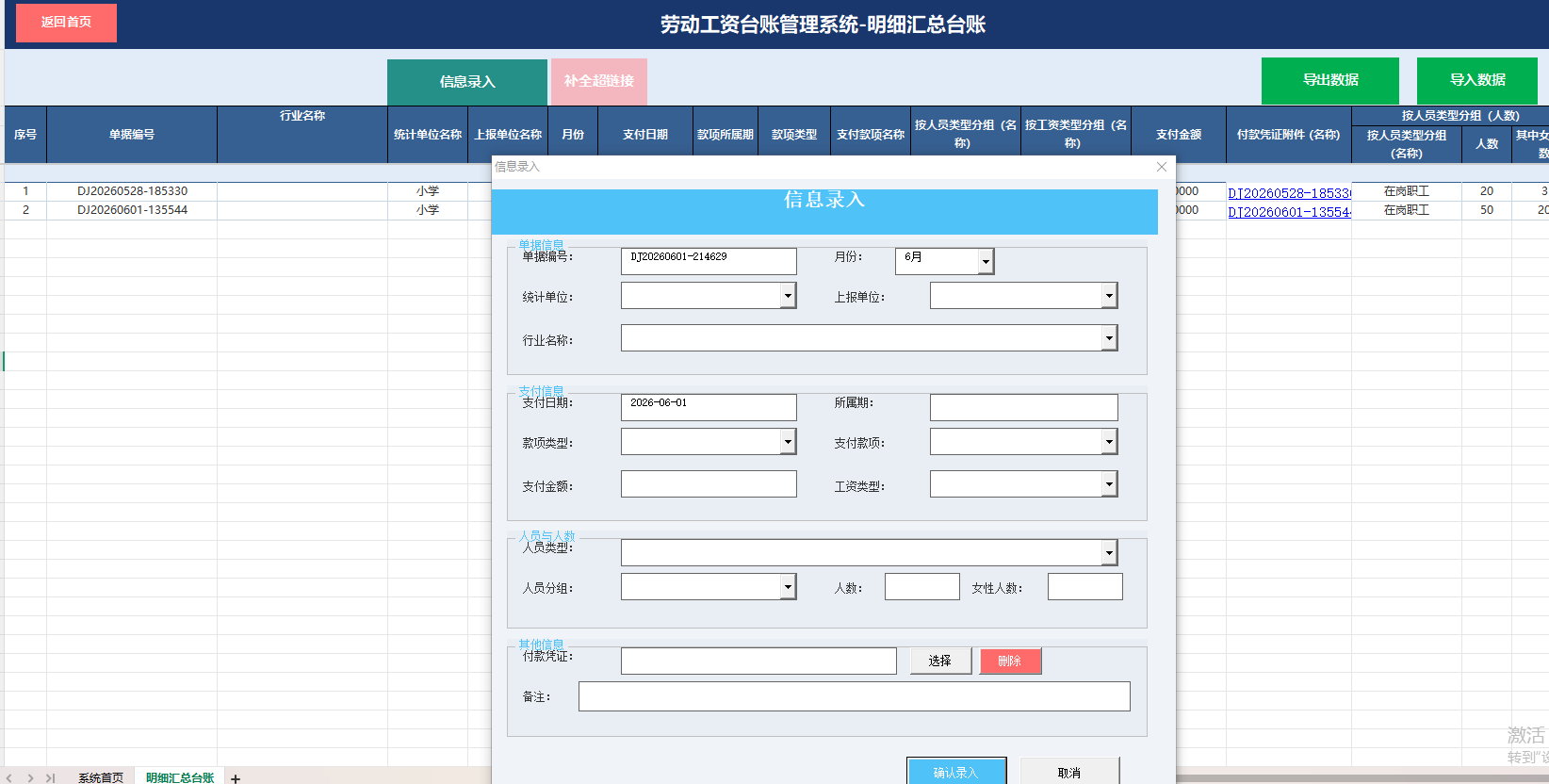 明细台账与信息录入窗体