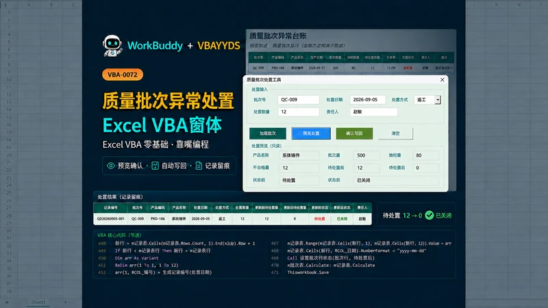 用WorkBuddy和VBAYYDS制作
质量批次处置窗体