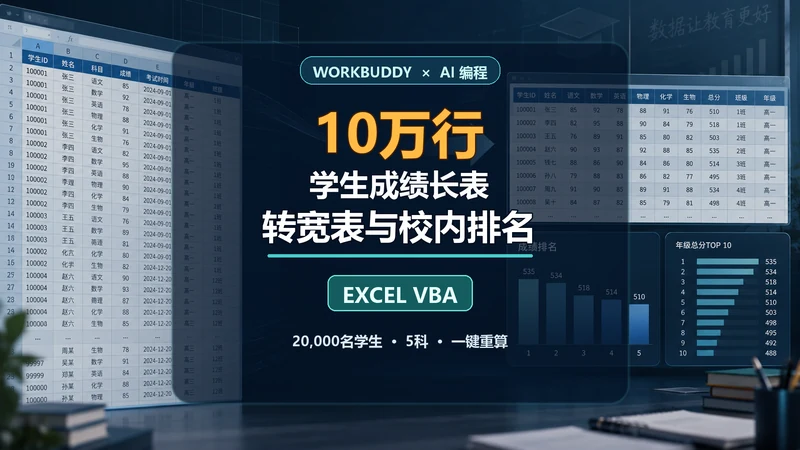 10万行学生成绩长表
转宽表与校内排名插图 10万行学生成绩长表
转宽表与校内排名