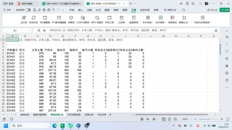10万行学生成绩长表
转宽表与校内排名插图6 10万行学生成绩长表
转宽表与校内排名